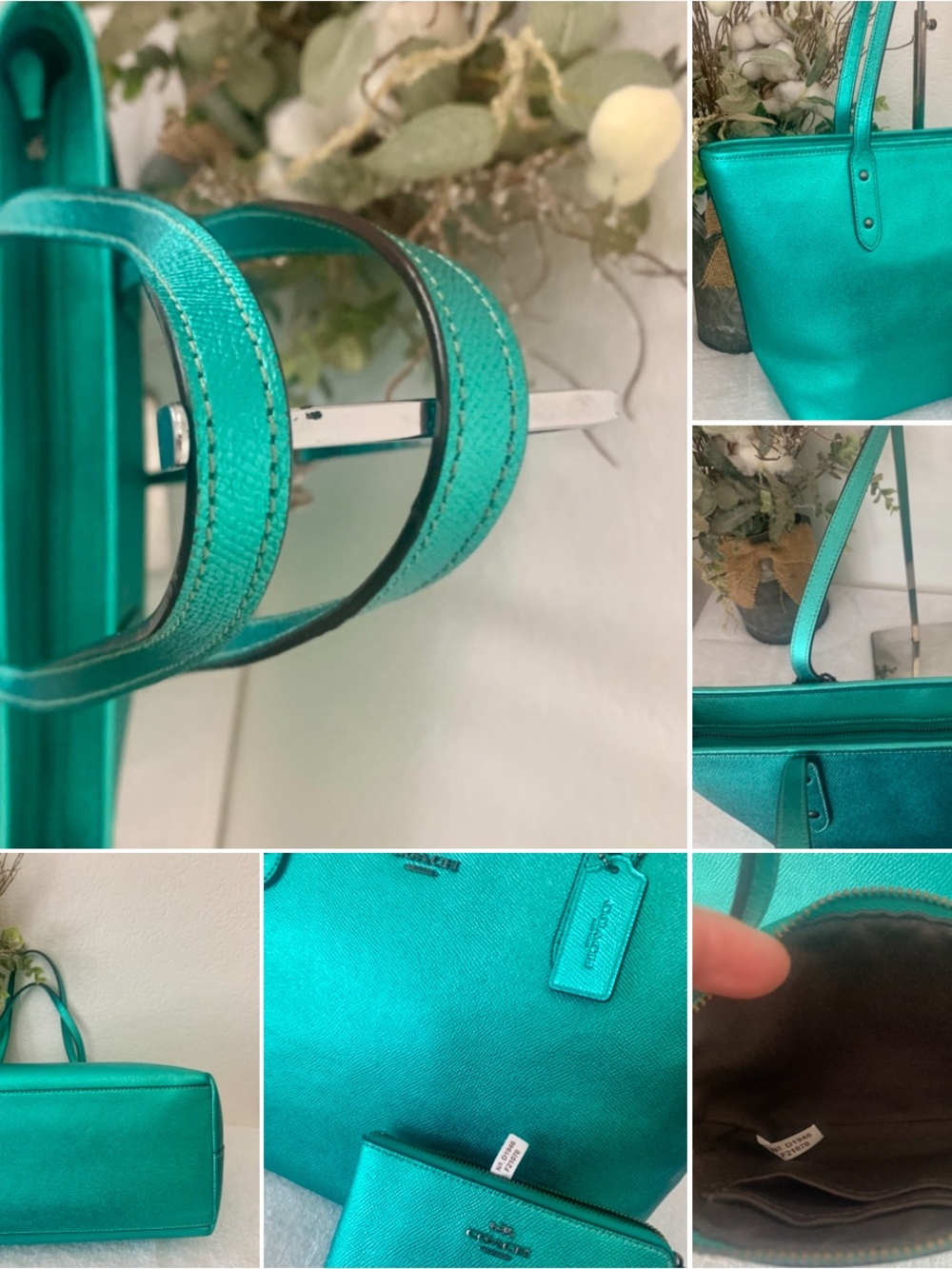 RARE Coach Metallic Sea Green City Tote with Wristlet Set “HARD TO FIND COLOR” - Picture 12 of 13